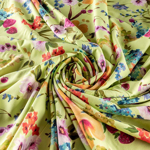 Крепдешин натуральный К06-277 салатовый принтованный